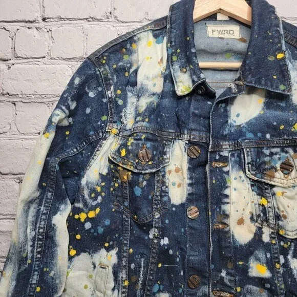 FRWD Denim Blue White Splattered Paint Jean Jacket Size M
